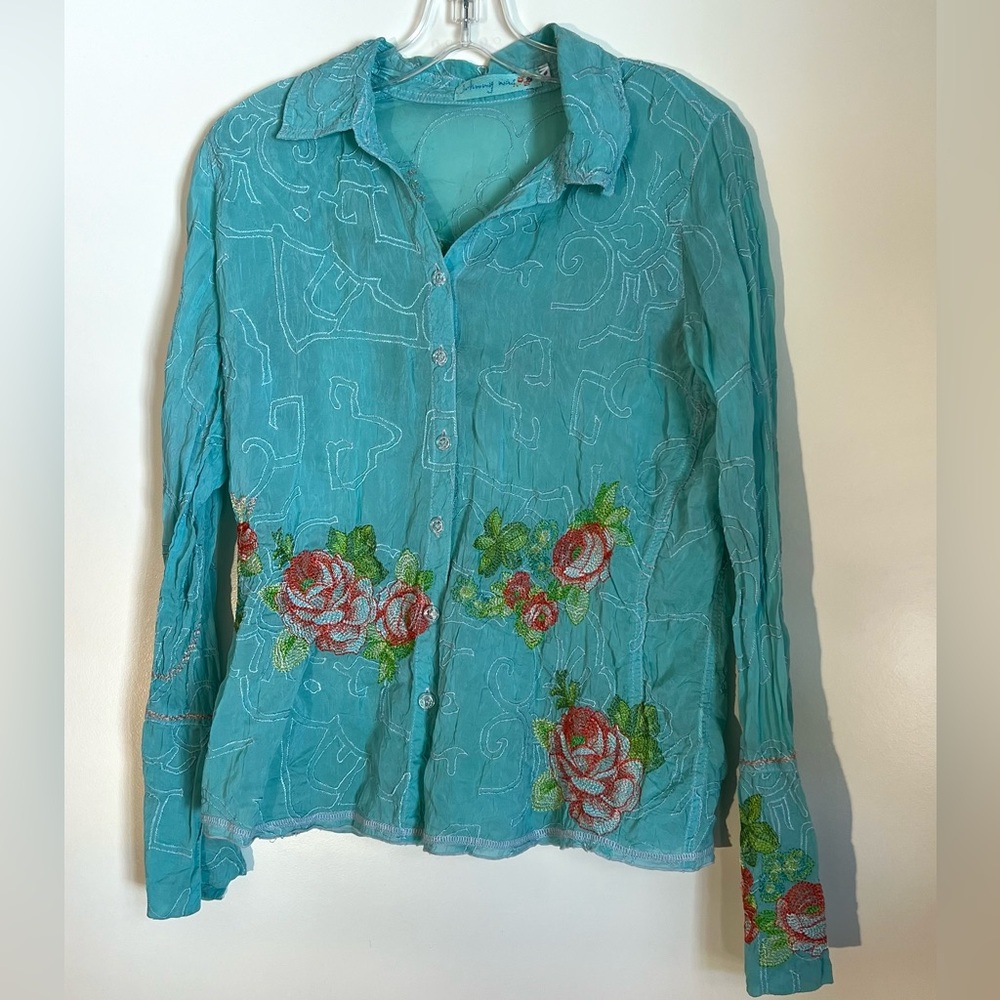 Johnny Was turquoise long sleeve embroidered floral button up small